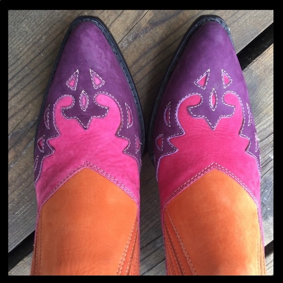 CIRCLE S BRAND🔹 VINTAGE Rainbow Leather Boots Purple Green Pink Orange 7.5 - Picture 3 of 7